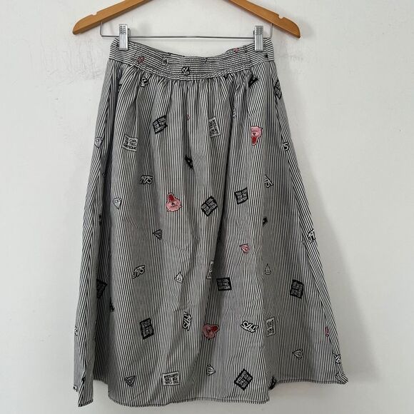 Zara Basics Twee Black White Pinstripe Quirky Pattern Buttons Full Skirt - Picture 10 of 16